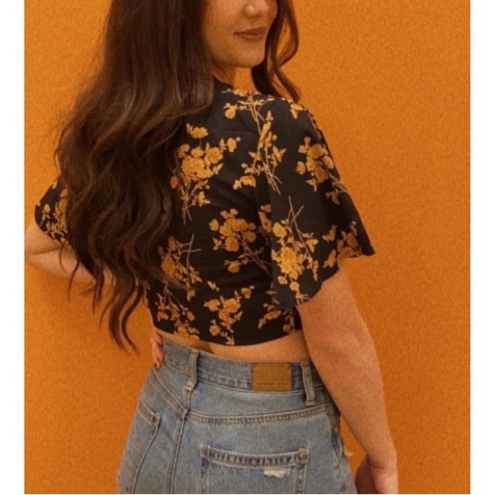Black and orange floral crop top blouse with tie front